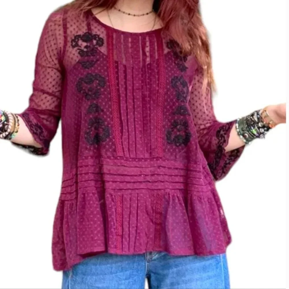 Free People jocelyn burgundy swiss dot lace mesh long sleeve top - Picture 2 of 11